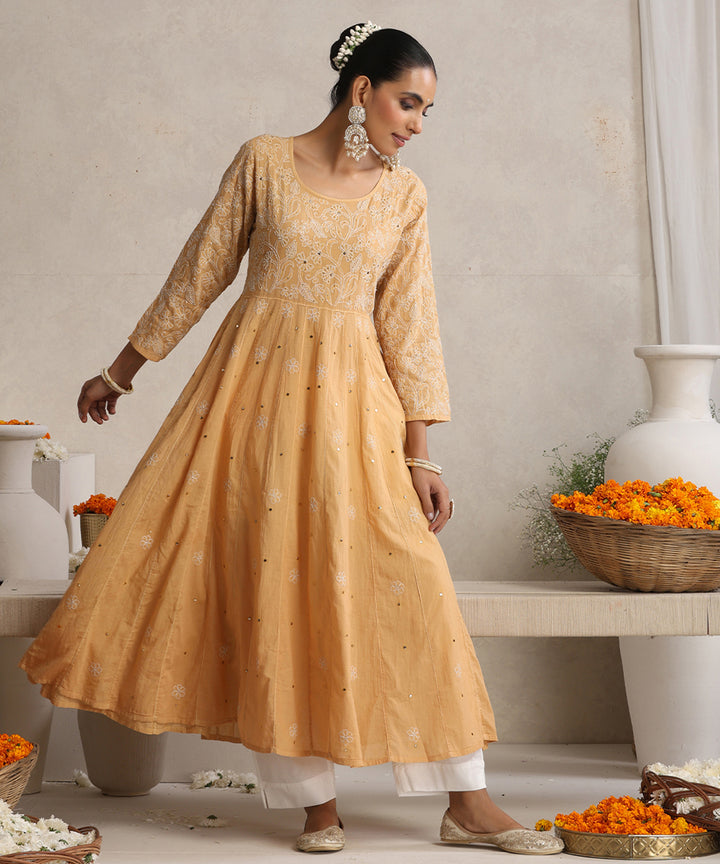Beige  Hand Embroidered   Chikankari  Cotton Kurti