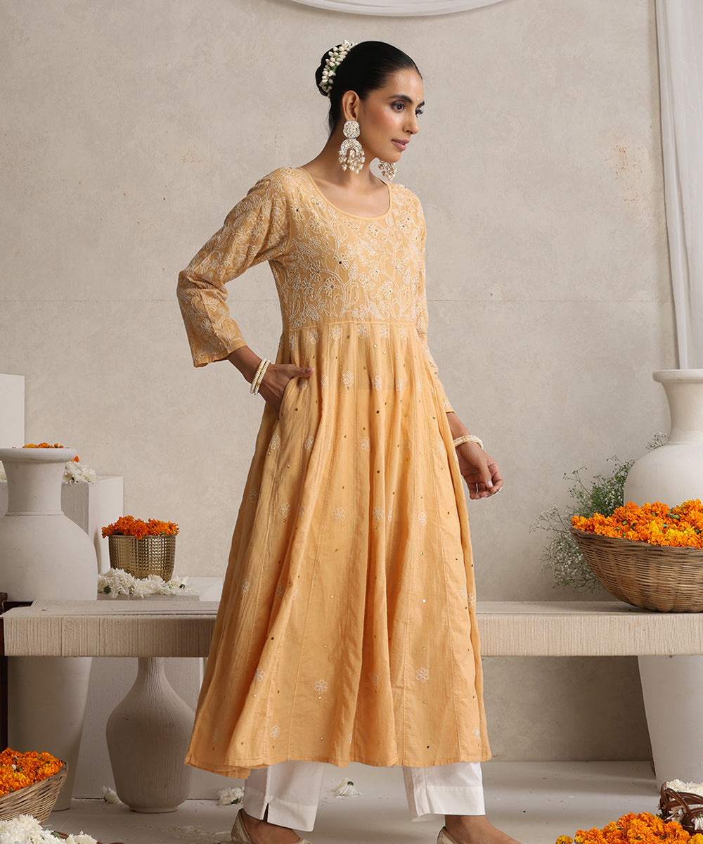 Beige  Hand Embroidered   Chikankari  Cotton Kurti