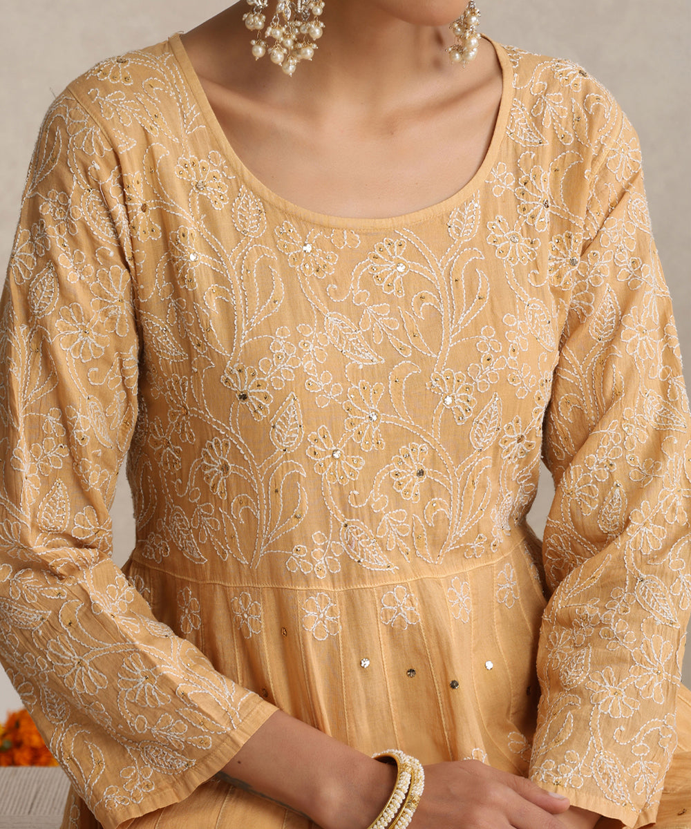 Beige  Hand Embroidered   Chikankari  Cotton Kurti