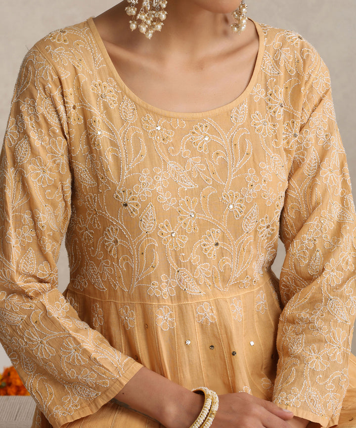 Beige  Hand Embroidered   Chikankari  Cotton Kurti