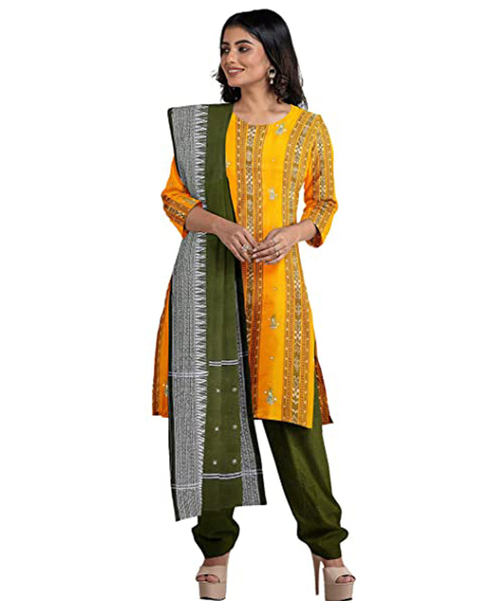 Yellow olive green handwoven cotton nuapatna dress material