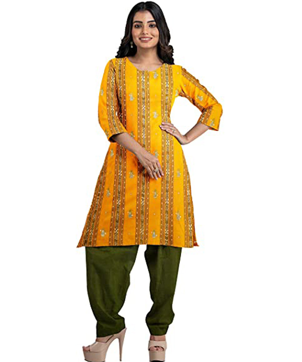 Yellow olive green handwoven cotton nuapatna dress material