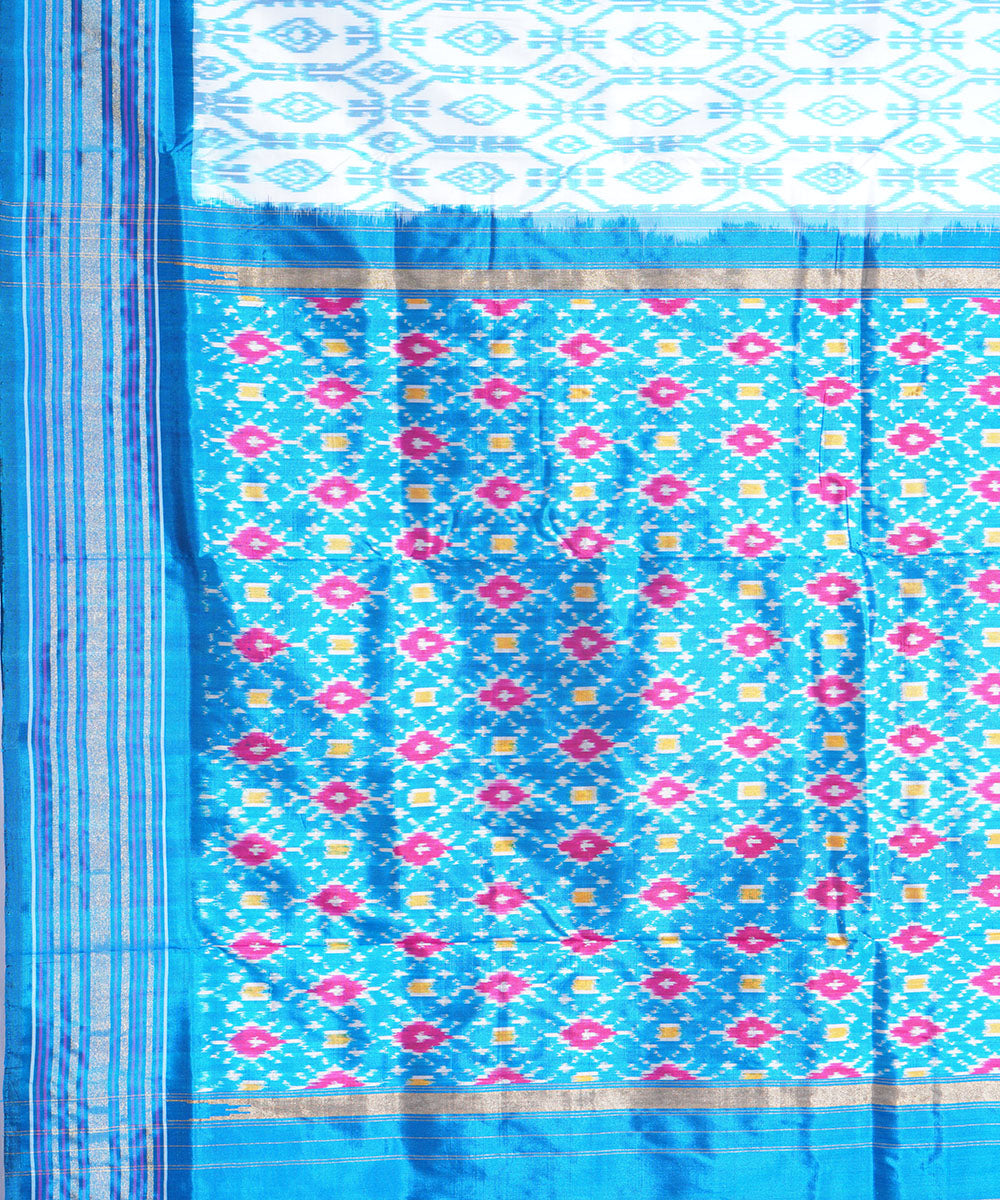 Offwhite sky blue handwoven pochampally ikat silk saree