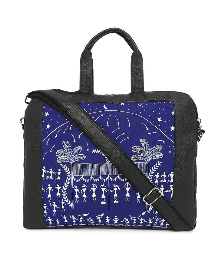 Black blue leather hand painted warli laptop bag