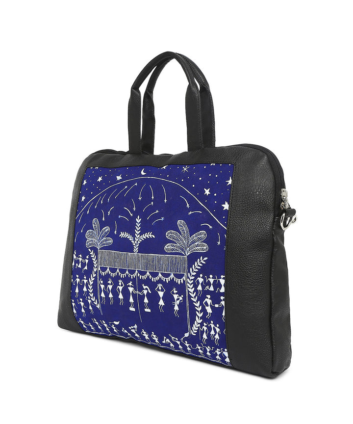 Black blue leather hand painted warli laptop bag