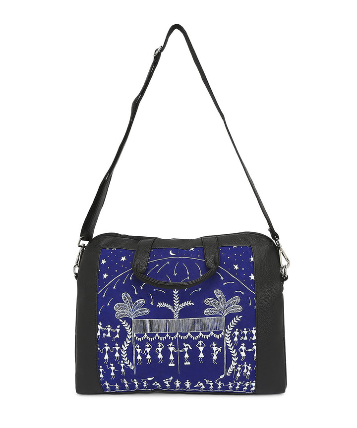 Black blue leather hand painted warli laptop bag