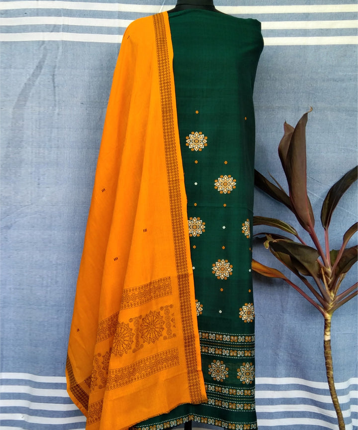 Dark green yellow handwoven cotton bomkai dress material