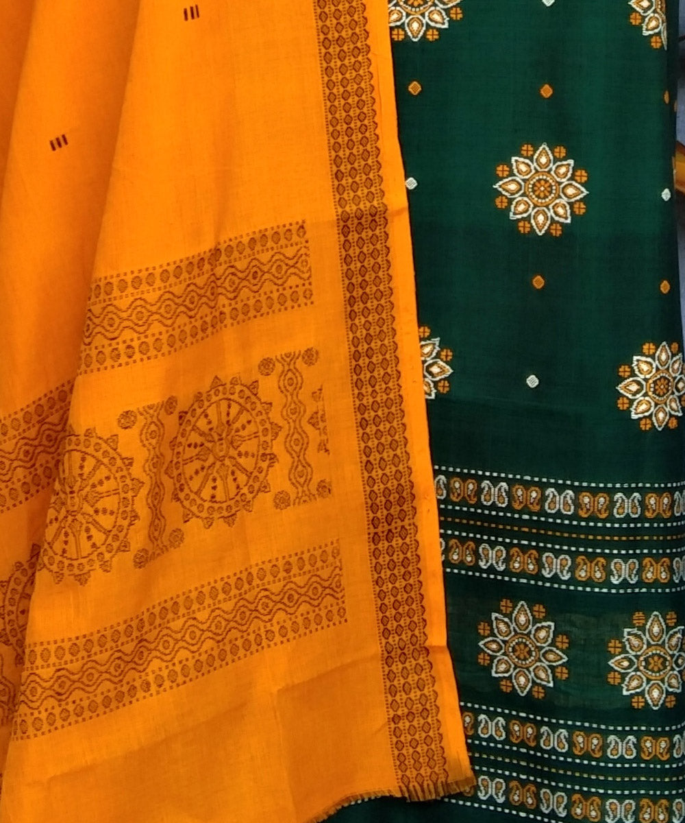 Dark green yellow handwoven cotton bomkai dress material