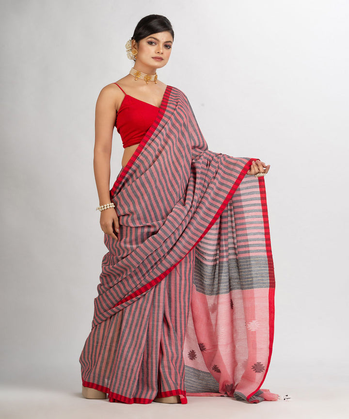 Red grey handwoven cotton stripes bengal saree