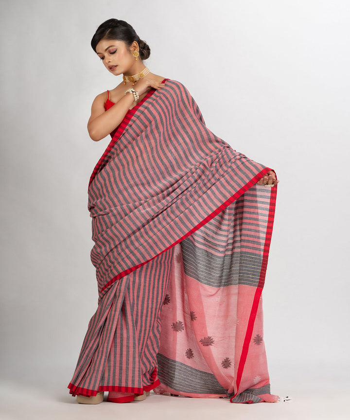 Red grey handwoven cotton stripes bengal saree