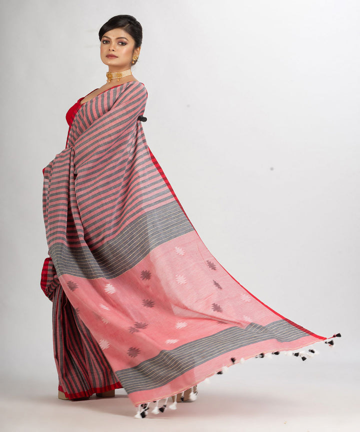 Red grey handwoven cotton stripes bengal saree