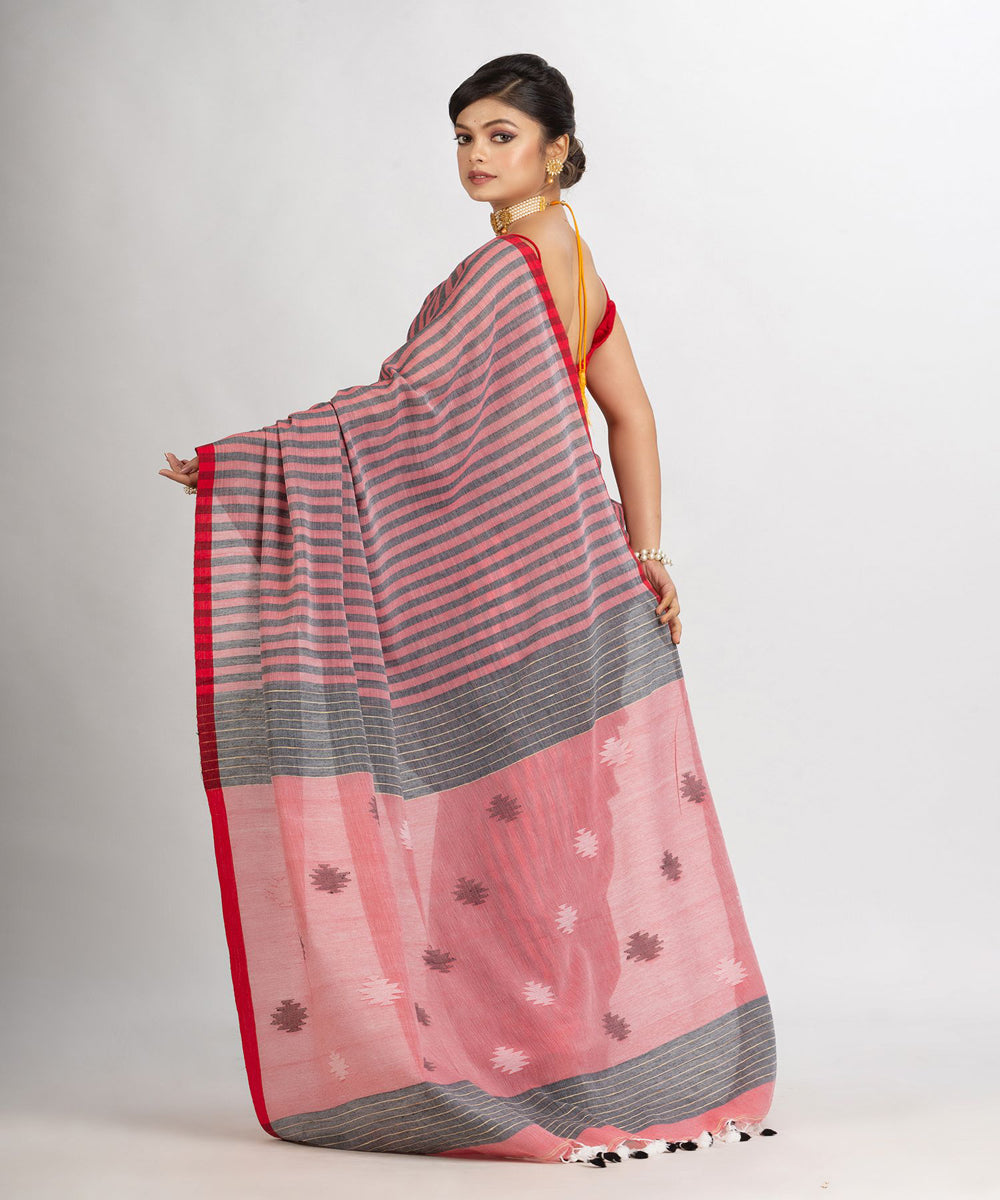 Red grey handwoven cotton stripes bengal saree