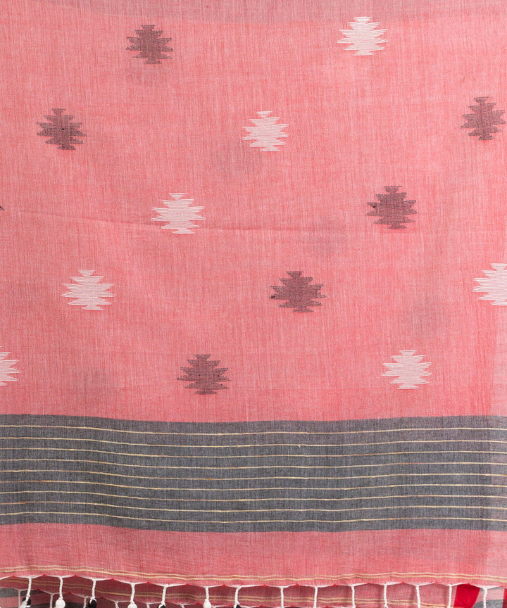 Red grey handwoven cotton stripes bengal saree