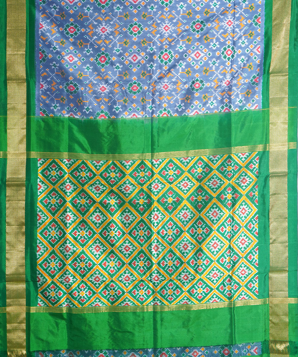 Grey green handwoven pochampally ikat silk saree