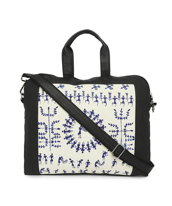 Navy blue white leather hand painted warli laptop bag