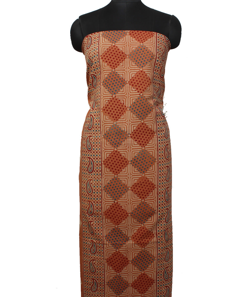 3m brown offwhite hand printed cotton ajrakh kurta material