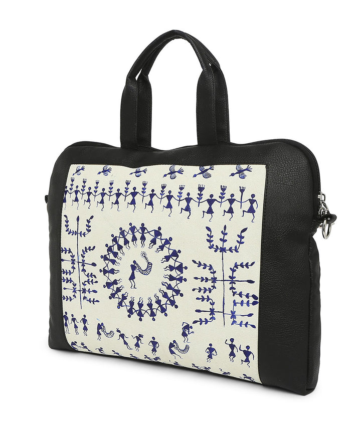 Navy blue white leather hand painted warli laptop bag