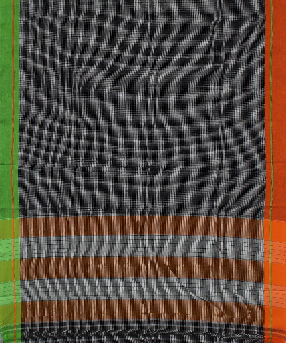 Black checks green orange border cotton handloom patteda anchu saree