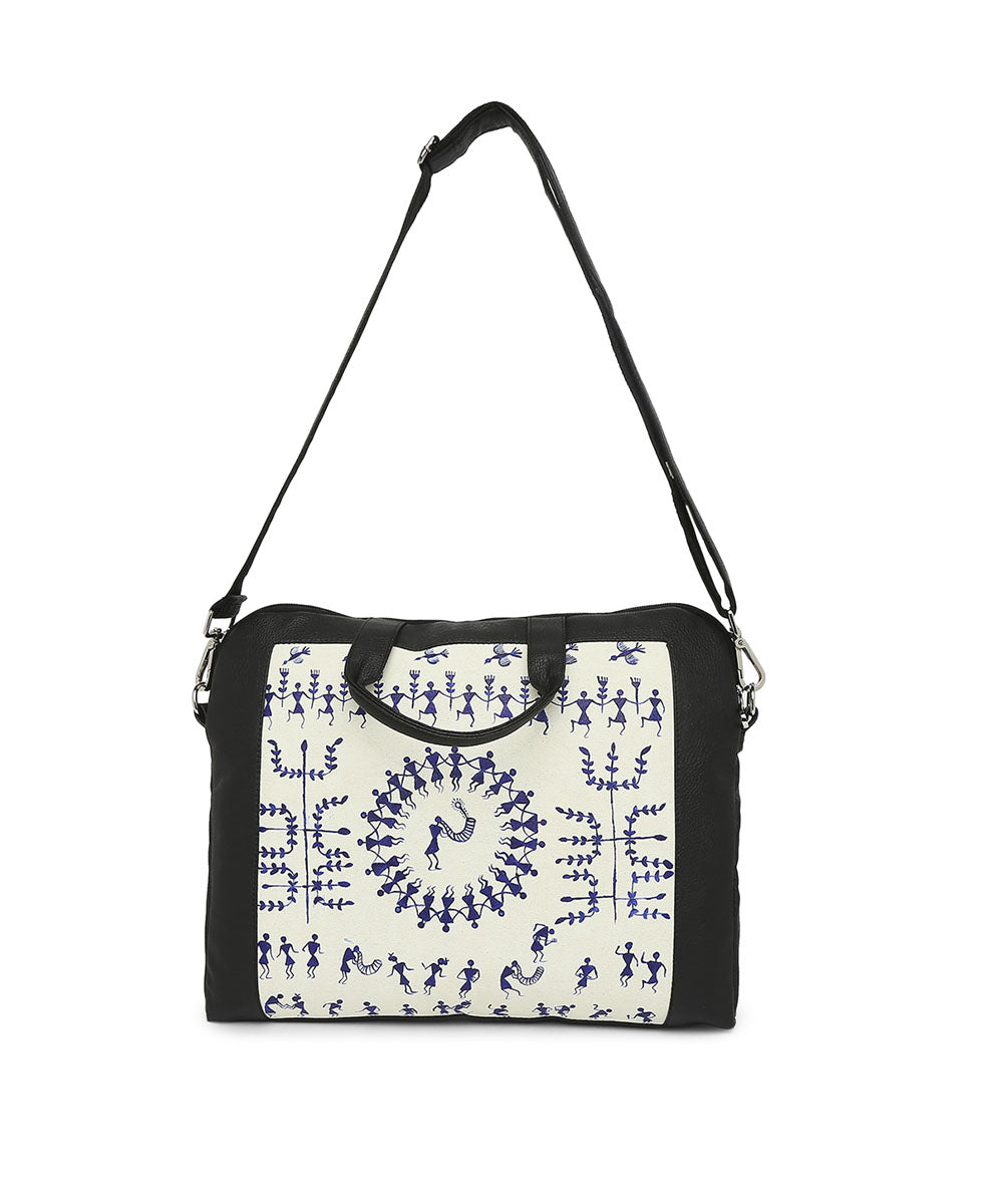 Navy blue white leather hand painted warli laptop bag