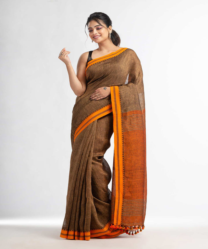 Brown mustard handwoven bengal linen saree