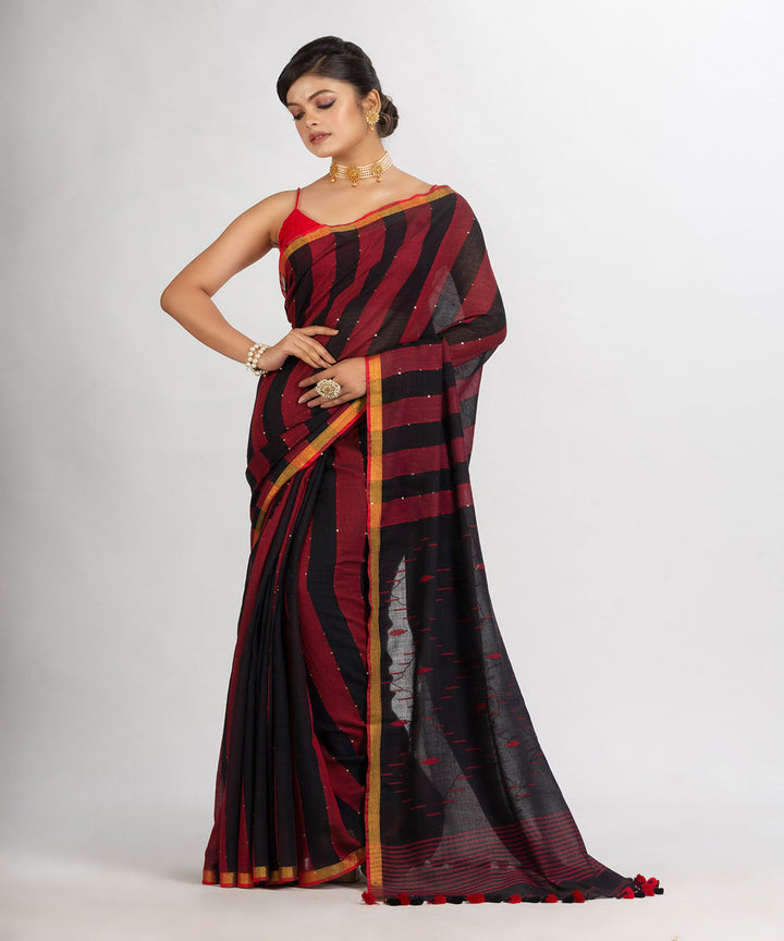 Black red handwoven cotton stripes bengal saree