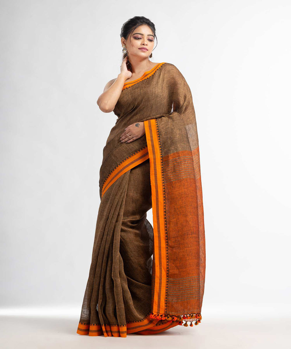 Brown mustard handwoven bengal linen saree