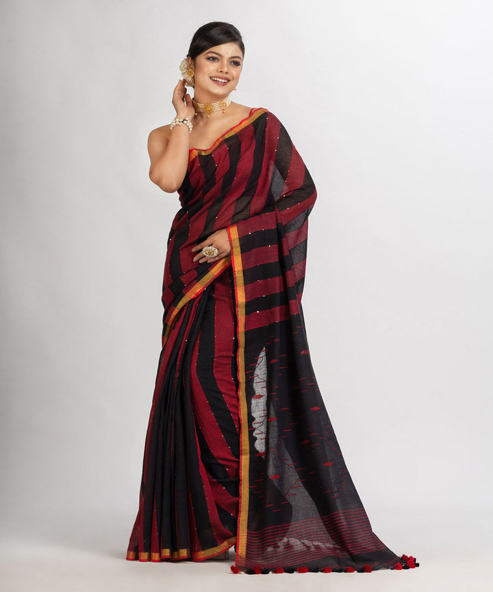 Black red handwoven cotton stripes bengal saree