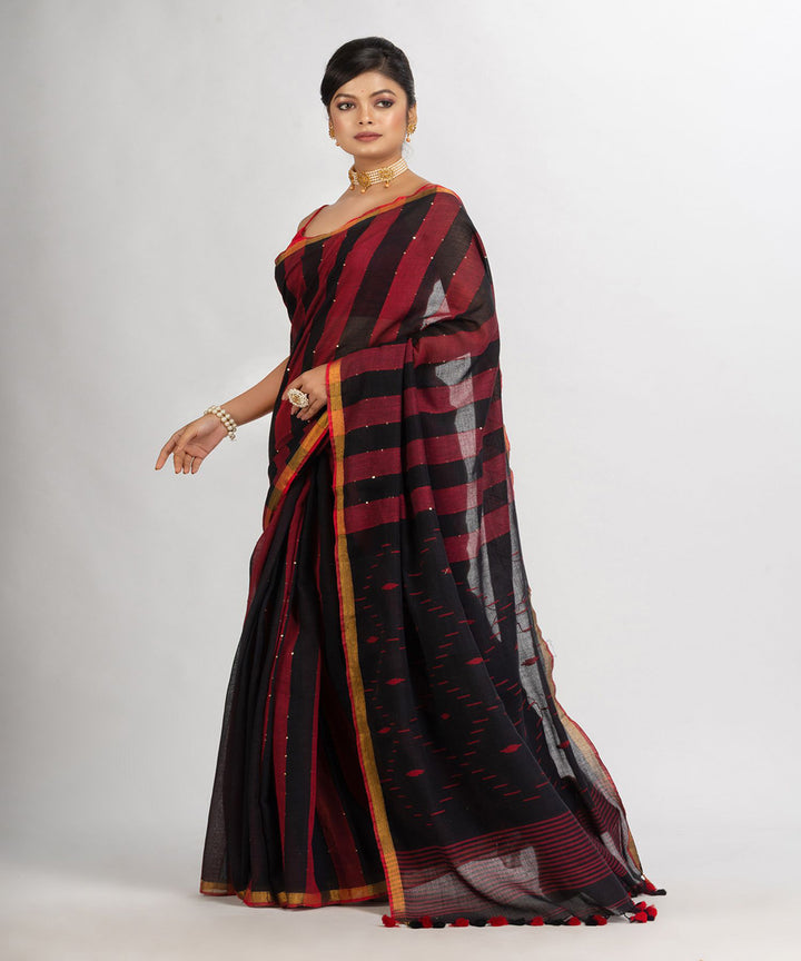 Black red handwoven cotton stripes bengal saree