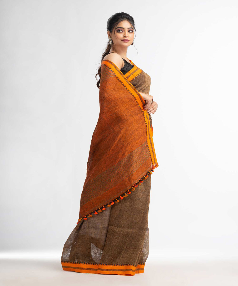 Brown mustard handwoven bengal linen saree