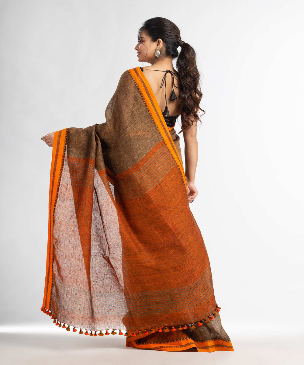 Brown mustard handwoven bengal linen saree