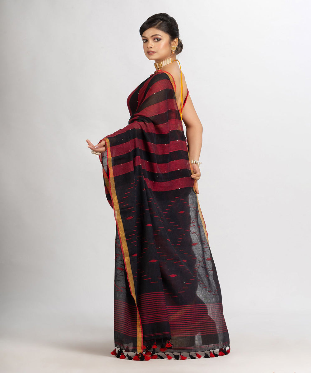 Black red handwoven cotton stripes bengal saree