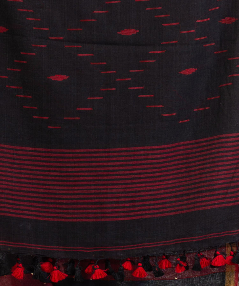 Black red handwoven cotton stripes bengal saree