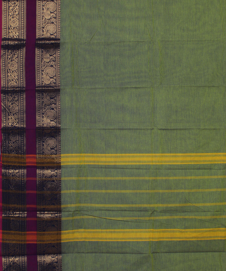 Lime green purple border cotton handwoven chettinadu saree