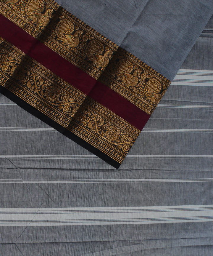 Grey black border cotton handwoven chettinadu saree