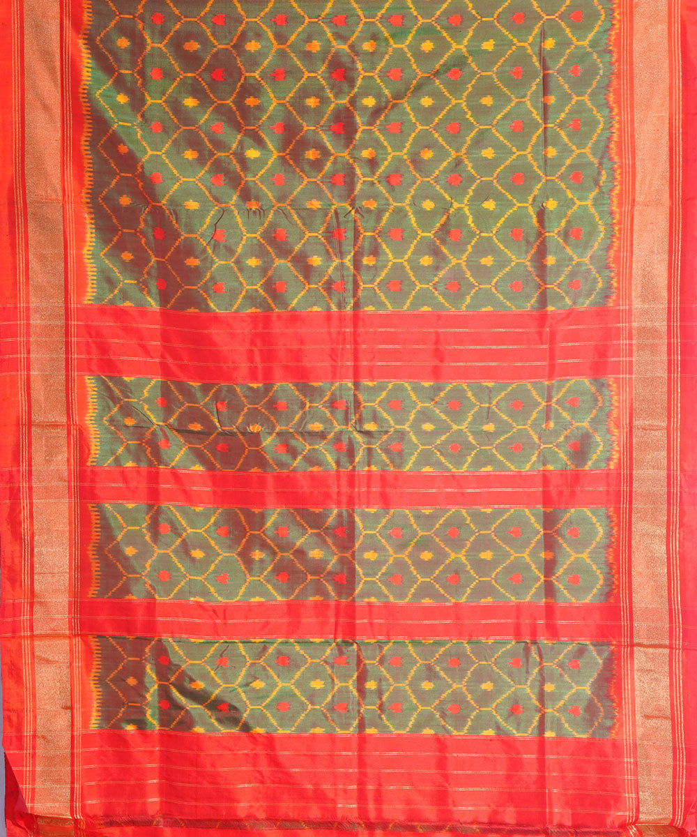 Olive green orange handwoven pochampally ikat silk saree