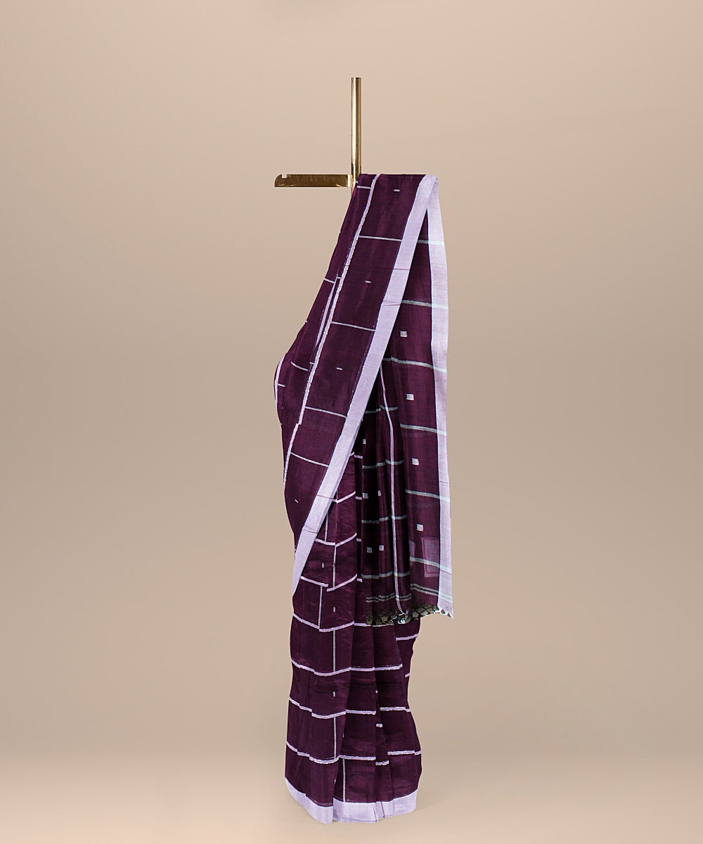 Purple checked handloom cotton bengal saree