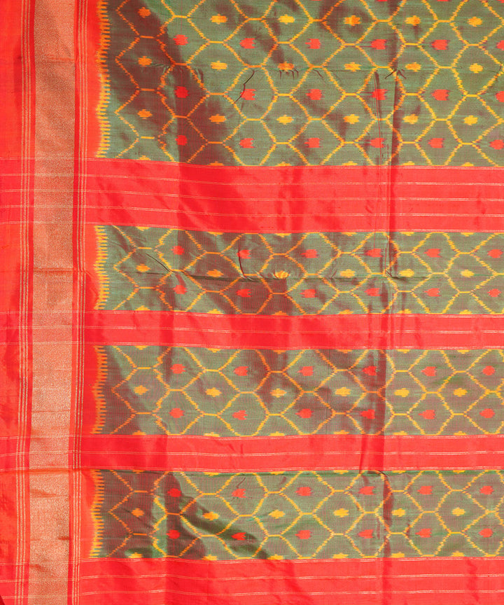 Olive green orange handwoven pochampally ikat silk saree