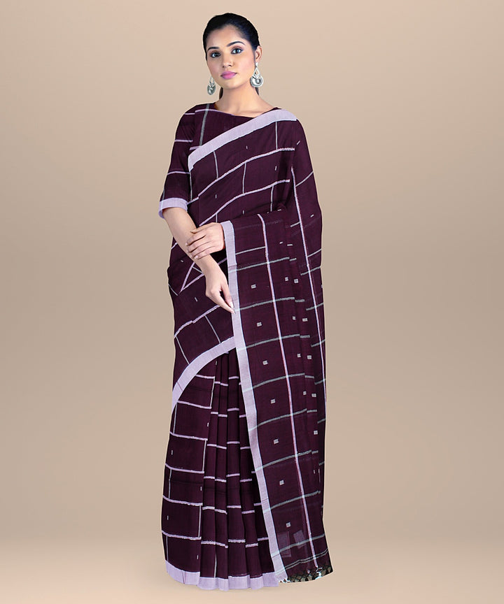 Purple checked handloom cotton bengal saree