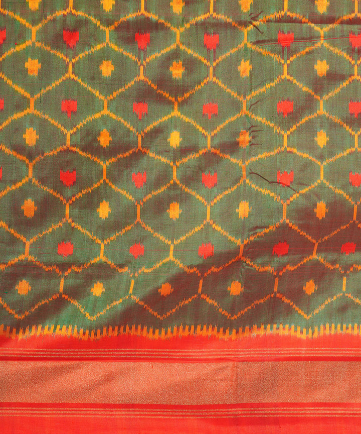 Olive green orange handwoven pochampally ikat silk saree