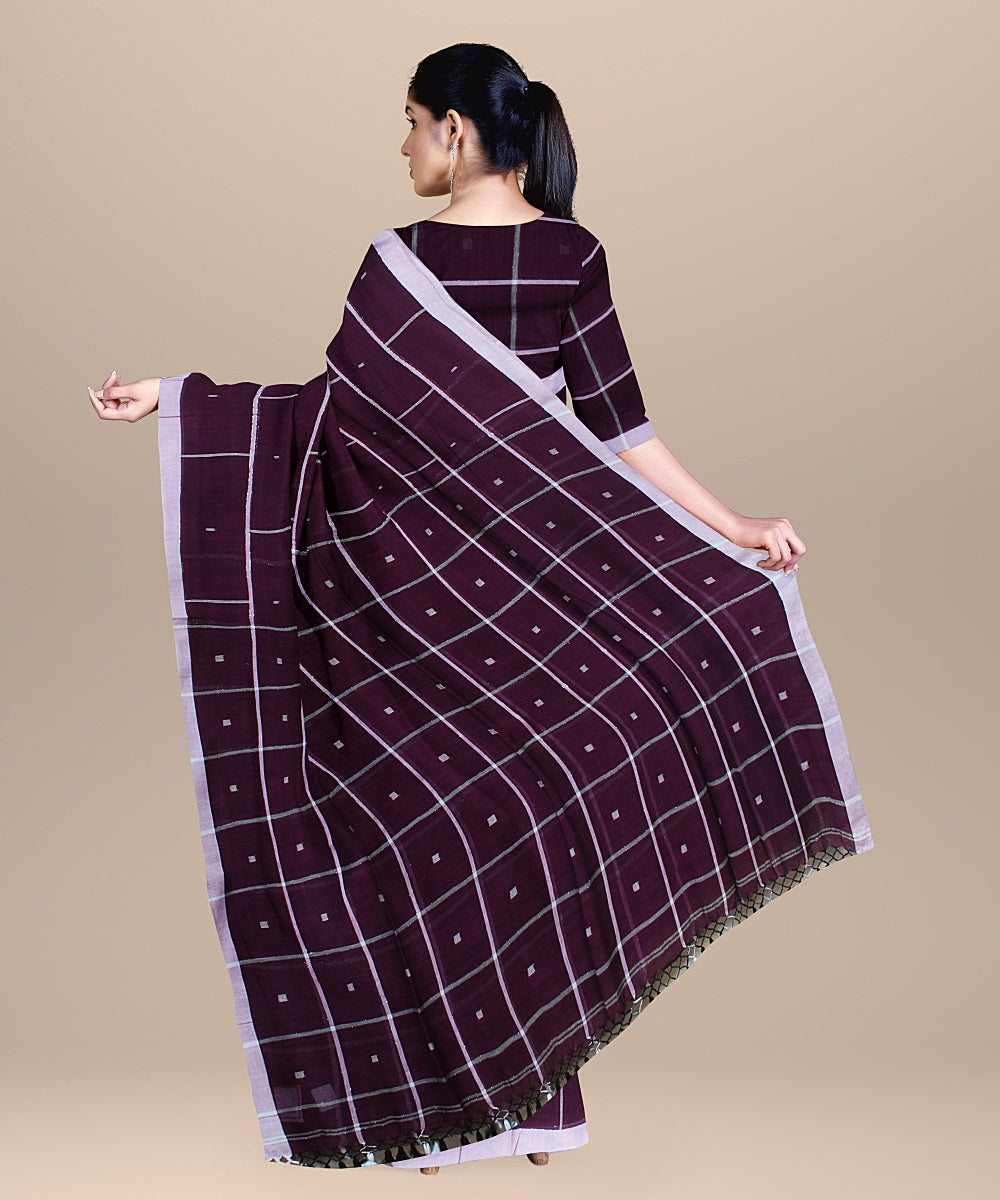 Purple checked handloom cotton bengal saree