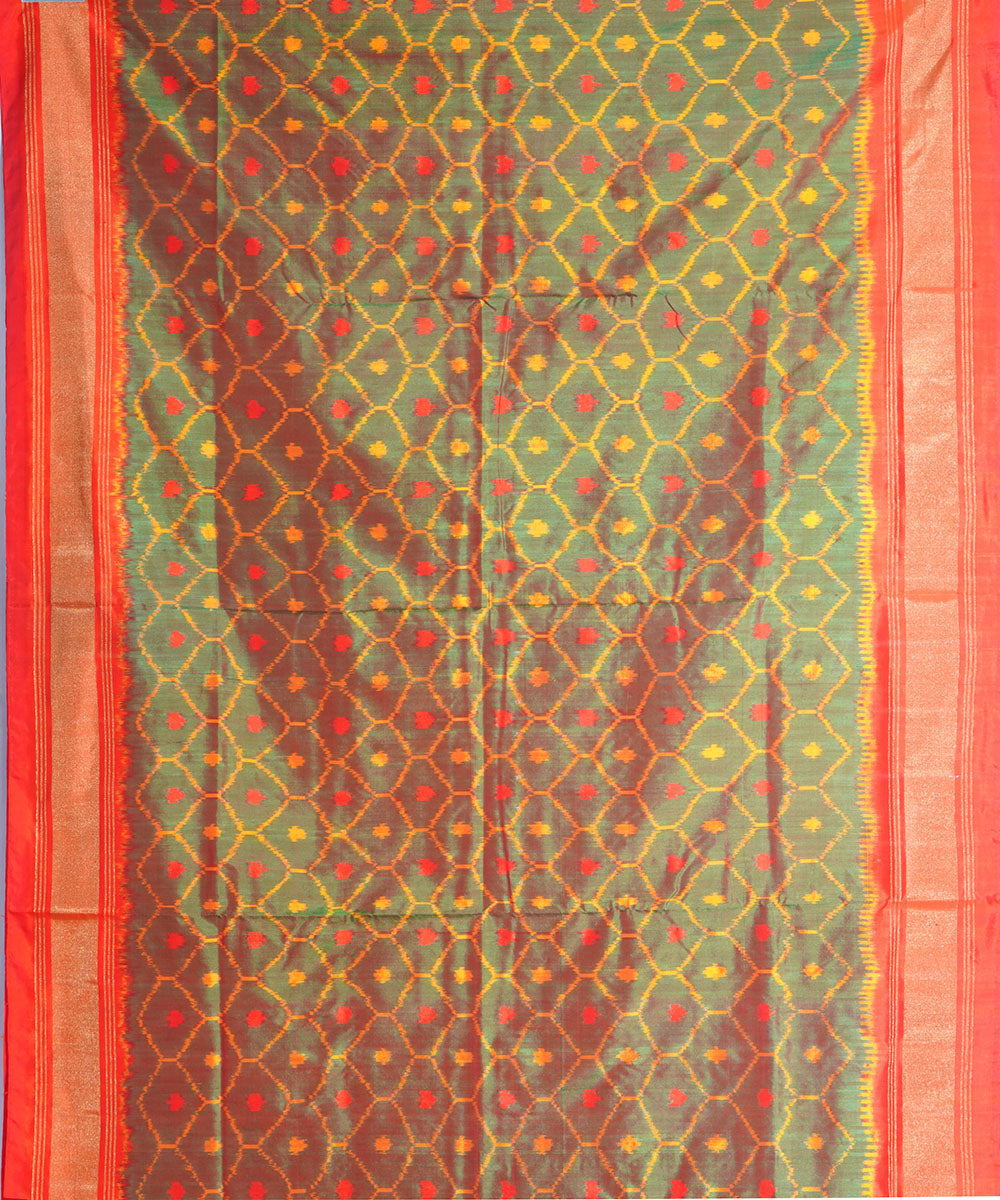 Olive green orange handwoven pochampally ikat silk saree