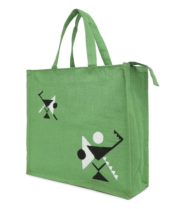 Dark green leather hand painted warli jute shopping bag