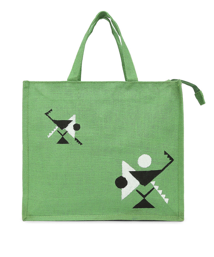 Dark green leather hand painted warli jute shopping bag