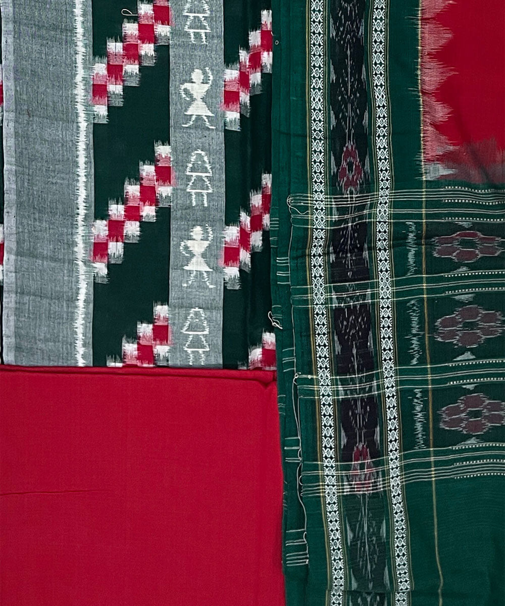 3pc Green red handwoven cotton double ikat sambalpuri dress material