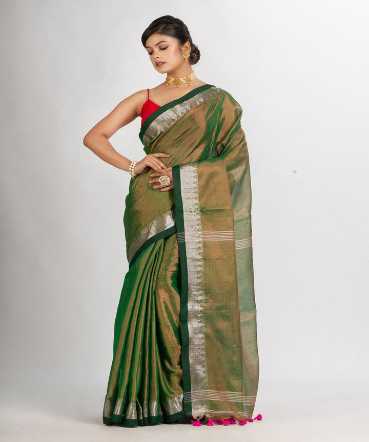 Green double shaded handloom cotton tissue with jacquard border saree