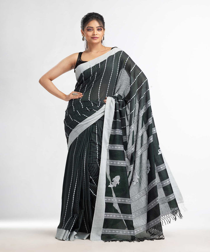 Bottle green handwoven bengal cotton saree