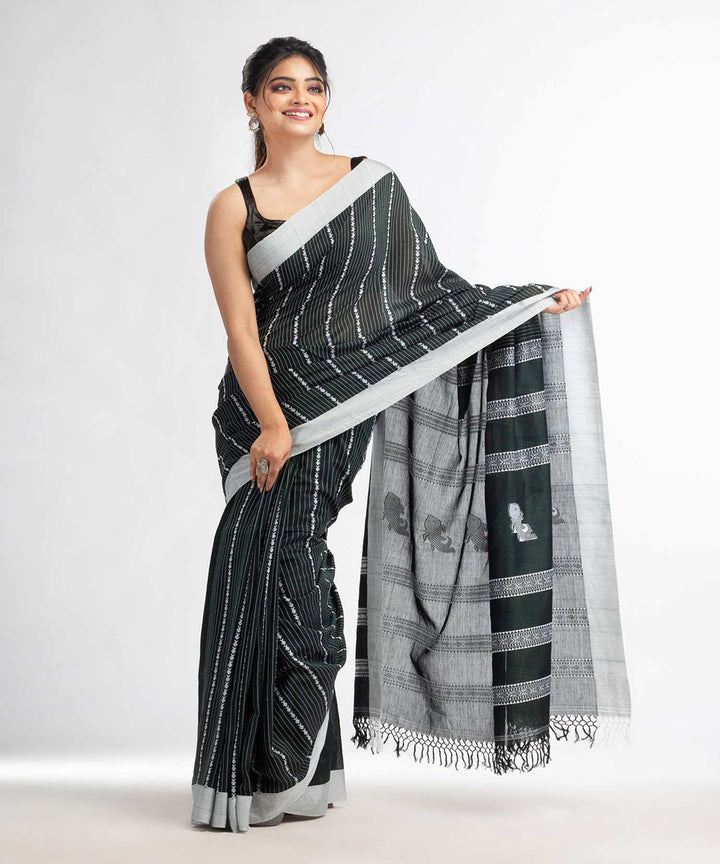 Bottle green handwoven bengal cotton saree