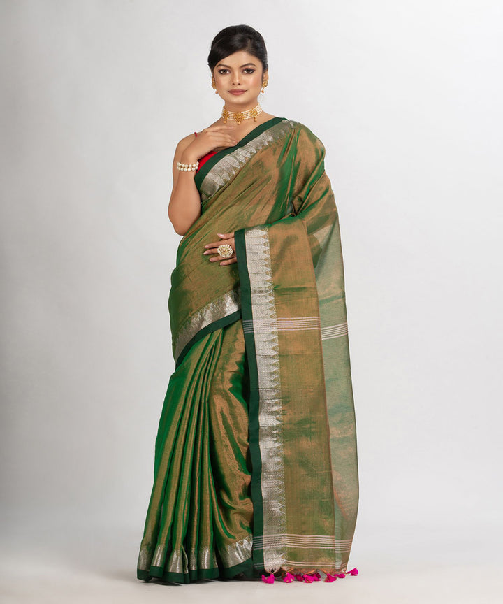 Green double shaded handloom cotton tissue with jacquard border saree