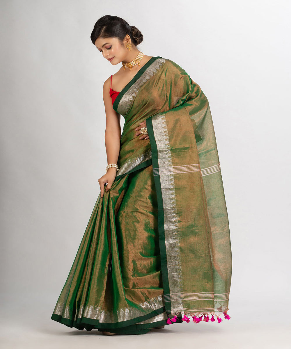 Green double shaded handloom cotton tissue with jacquard border saree