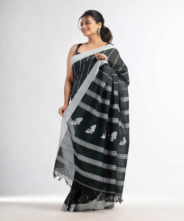 Bottle green handwoven bengal cotton saree